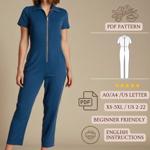 Modello tuta, modello di cucito PDF da scaricare immediatamente, PDF digitale facile, taglie USA Eu XS-5XL, modello tuta pantalone, taglie forti
