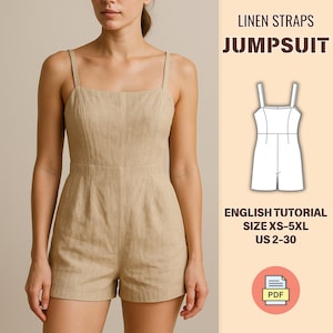 Linen Jumpsuit Sewing Pattern PDF, Strappy Shorts Romper, Summer Playsuit, Women Sizes XS–5XL US 2–30, Minimalist Linen Clothes