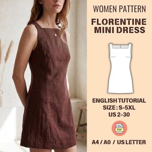 Puede incluir: Un minivestido marrón sin mangas con cuello cuadrado. El vestido está hecho de una tela texturizada y se muestra en una persona. El texto en la imagen dice "WOMEN PATTERN FLORENTINE MINI DRESS ENGLISH TUTORIAL SIZE: S-5XL US 2-30".