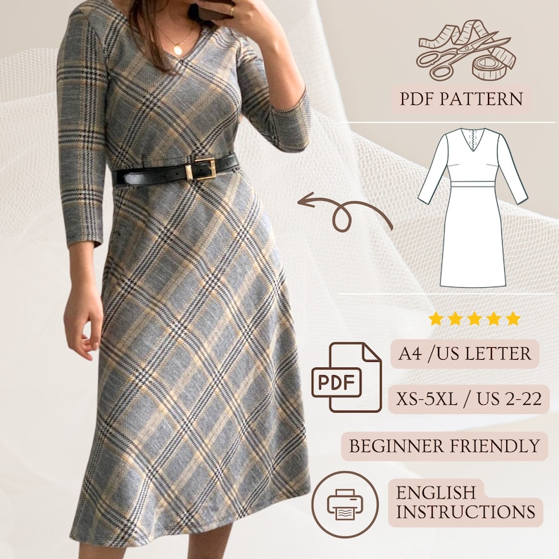 May include: A PDF sewing pattern for a plaid dress with a v-neck and 3/4 sleeves. The pattern is available in sizes XS-5XL and is beginner friendly. The pattern includes English instructions and is printed on A4 or US Letter paper.