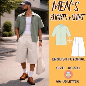 May include: A person wearing a green short-sleeve shirt, white undershirt, and cream-colored shorts. The image includes a diagram of a shirt and shorts, with the text "MEN'S SHORTS+SHIRT", "ENGLISH TUTORIAL", and size range "XS-5XL".