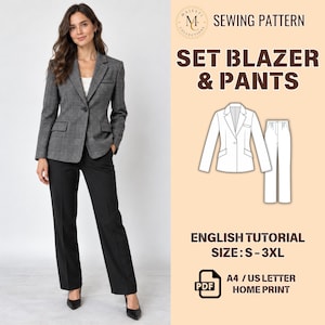 Puede incluir: Un patrón de costura para un conjunto de blazer y pantalones, con un blazer de cuadros grises y pantalones negros. El texto dice: SEWING PATTERN, SET BLAZER & PANTS, ENGLISH TUTORIAL, SIZE: S-3XL, PDF, A4 / US LETTER HOME PRINT. Incluye una ilustración.