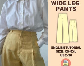 ワイドレッグパンツの型紙、ロングパンツ、プリーツパラッツォの縫い方、プラスサイズ服