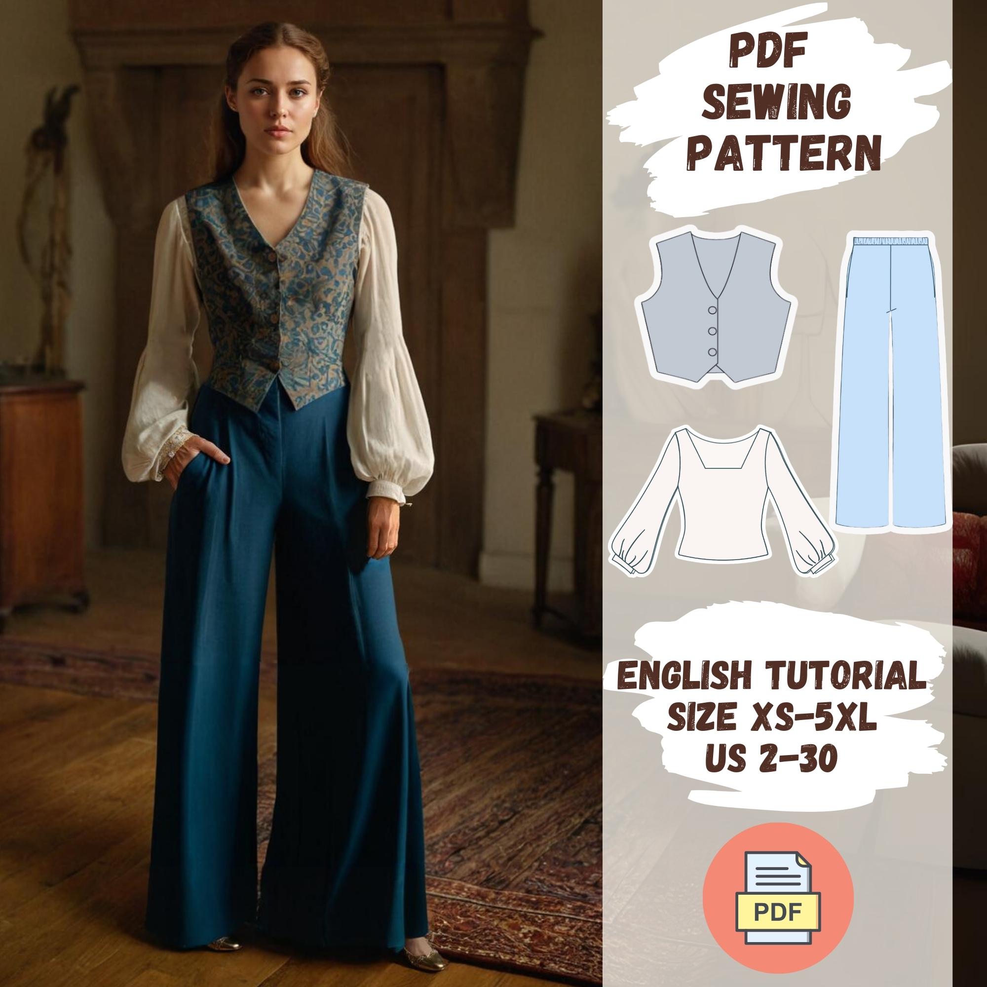 Vintage-Inspired Vest, Top, and Wide-Leg Pants Sewing Pattern - PDF, Cottagecore Clothing,  Lantern Sleeve, Palazzo Pants