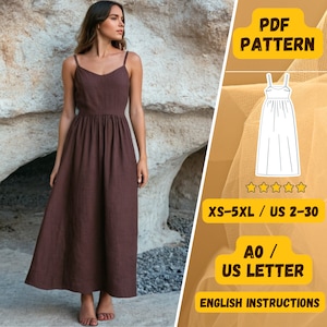 Linen Maxi Dress Sewing Pattern, Sleeveless Summer Dress with Pockets, PDF Sewing Pattern, Straps Dress, Beginner Friendly