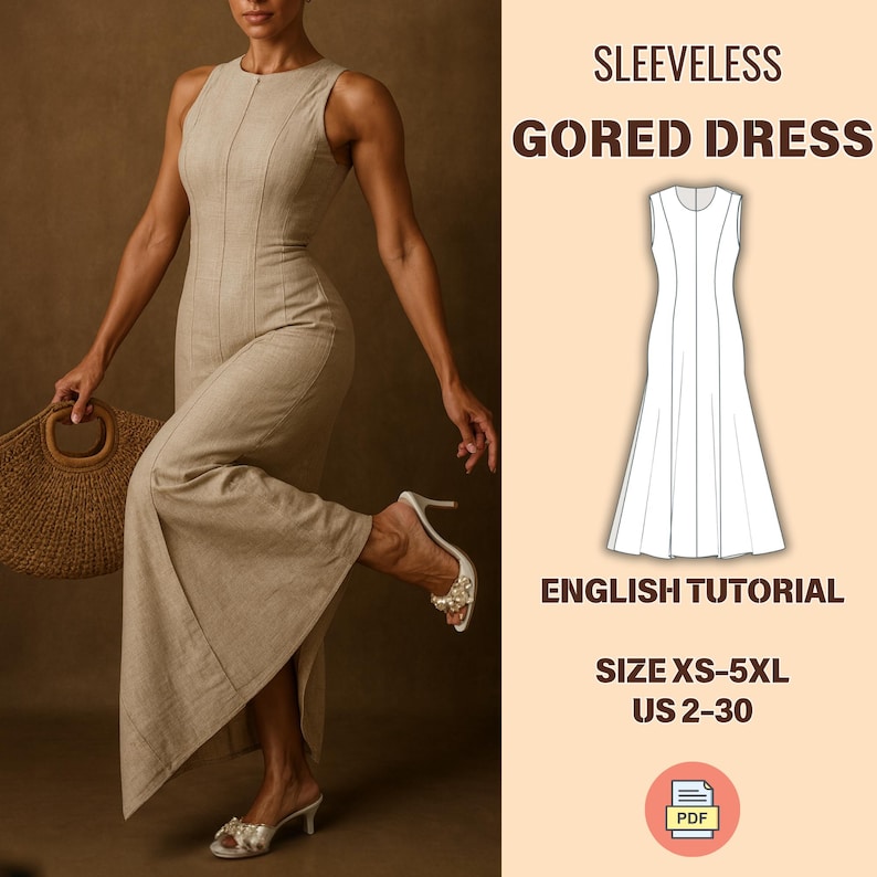 May include: A sleeveless, gored dress in a neutral beige color. The dress has a fitted bodice and a flared skirt. The image also includes a line drawing of the dress, the text "ENGLISH TUTORIAL", and size information: XS-5XL, US 2-30.