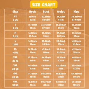 Op de afbeelding: Maattabel voor kleding met metingen in inches en centimeters. De tabel bevat maten XS tot 5XL, met de bijbehorende hals-, borst-, taille- en heupmaten.