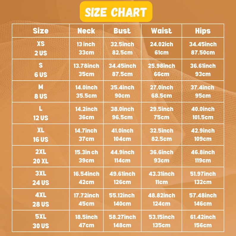 Op de afbeelding: Maattabel voor kleding met metingen in inches en centimeters. De tabel bevat maten XS tot 5XL, met de bijbehorende hals-, borst-, taille- en heupmaten.