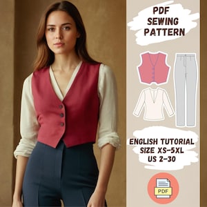 May include: A PDF sewing pattern for a cropped vest and high-waisted pants. The pattern includes an English tutorial and is available in sizes XS-5XL (US 2-30).