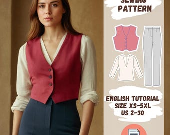 May include: A PDF sewing pattern for a cropped vest and high-waisted pants. The pattern includes an English tutorial and is available in sizes XS-5XL (US 2-30).