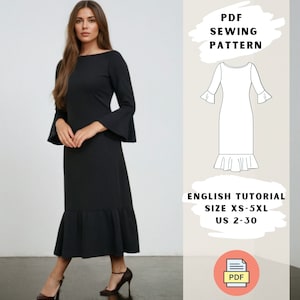 Patrón de costura para vestido con dobladillo con volantes y mangas acampanadas en PDF / Tallas XS-5XL / Vestido midi elegante / Vestido de corte A / Letra de EE. UU., A0 / Vestido negro
