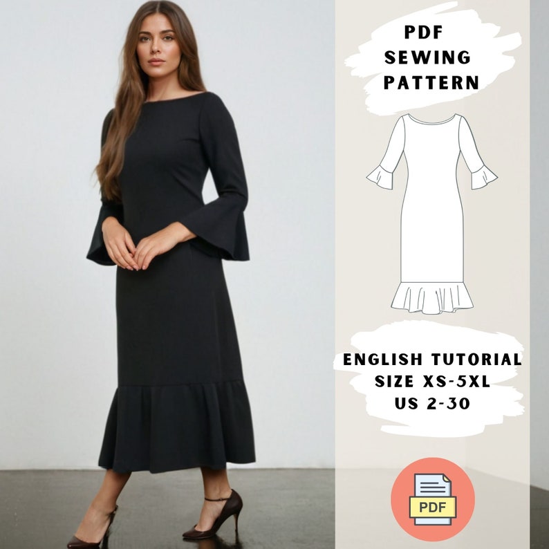 May include: A black midi dress with a ruffled hem and bell sleeves. The dress is shown on a model. The image also includes a line drawing of the dress and the text "PDF Sewing Pattern, English Tutorial, Size XS-5XL, US 2-30, PDF".