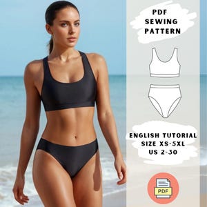 May include: PDF sewing pattern for a black bikini top and bottom. The pattern includes an English tutorial and sizes XS-5XL (US 2-30).