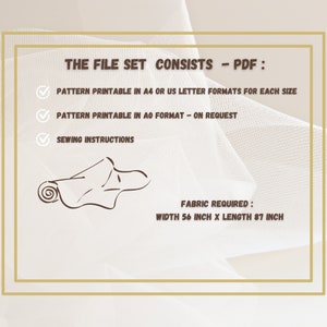 May include: A digital file set for sewing a project. The file set includes printable patterns in A4 or US letter formats, a printable pattern in AO format on request, and sewing instructions. The fabric required is 56 inches wide by 87 inches long.