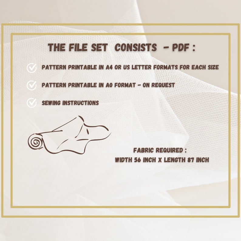 May include: A digital file set for sewing a project. The file set includes printable patterns in A4 or US letter formats, a printable pattern in AO format on request, and sewing instructions. The fabric required is 56 inches wide by 87 inches long.