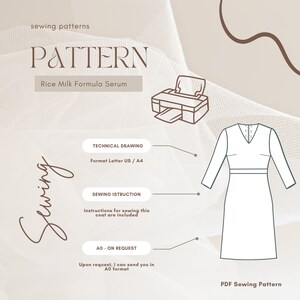 May include: A digital illustration of a dress sewing pattern with the text "Rice Milk Formula Serum" and "PDF Sewing Pattern". The pattern includes technical drawing, sewing instructions, and an option for an A0 format.