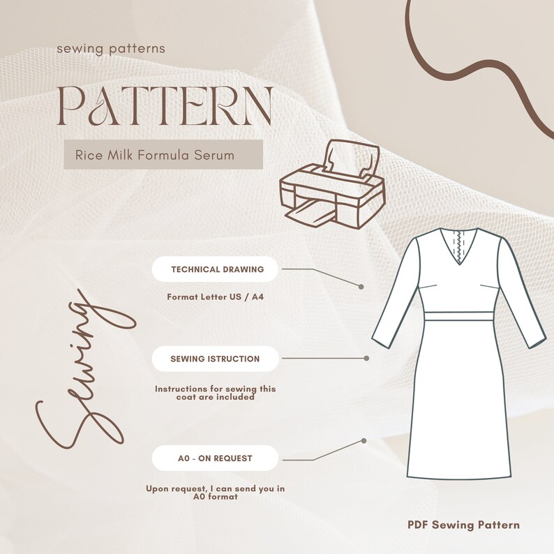 May include: A digital illustration of a dress sewing pattern with the text "Rice Milk Formula Serum" and "PDF Sewing Pattern". The pattern includes technical drawing, sewing instructions, and an option for an A0 format.