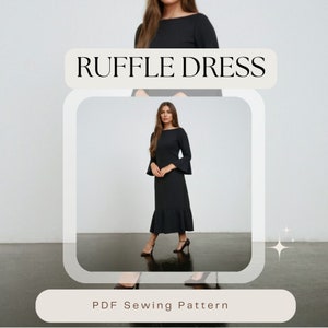 May include: A black ruffle dress sewing pattern. The pattern features a boat neck, long sleeves with ruffles at the cuffs, and a ruffle at the hem. The dress is midi length and is shown on a model.