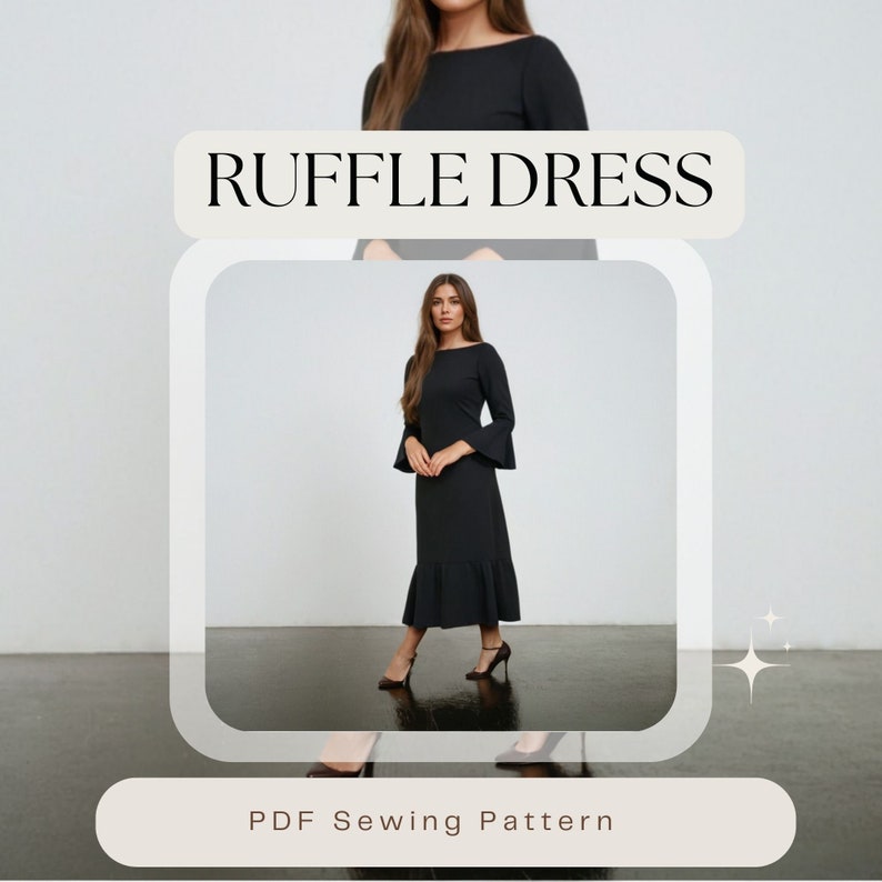 May include: A black ruffle dress sewing pattern. The pattern features a boat neck, long sleeves with ruffles at the cuffs, and a ruffle at the hem. The dress is midi length and is shown on a model.