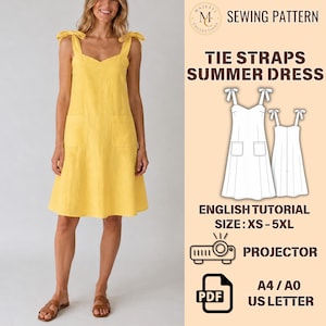 Tie Straps Linen Sundress, Summer Dress PDF Sewing Pattern, XS-5XL