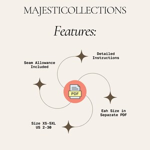 May include: Diagram showing features of a sewing pattern. The features include detailed instructions, seam allowance included, sizes XS-5XL, US 2-30, and each size in a separate PDF.