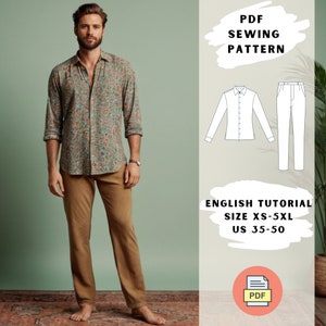 May include: A PDF sewing pattern for a shirt and pants. The pattern includes an English tutorial and is available in sizes XS-5XL (US 35-50).