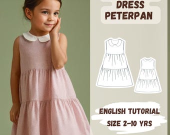 Tiered Girl Dress Sewing Pattern with Peter Pan Collar, Dress Sewing Tutorial for Sizes 2-10 Yrs, Digital PDF Sewing Pattern, Pocket Dress