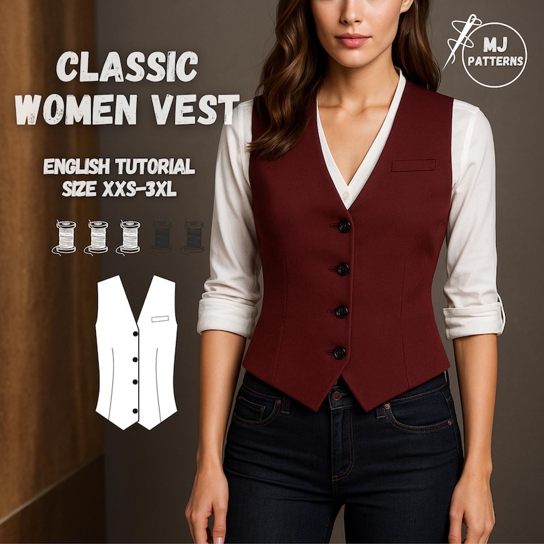 May include: A burgundy vest with black buttons is worn over a white shirt and dark blue jeans. The image includes text that reads "CLASSIC WOMEN VEST" and "ENGLISH TUTORIAL SIZE XXS-3XL". A sewing pattern illustration is also shown.