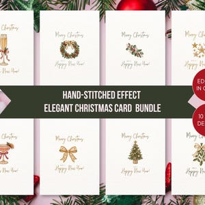 Può includere: Un set di otto biglietti d'auguri bianchi con illustrazioni effetto ricamo di icone natalizie tra cui un flûte da champagne, una ghirlanda, stelle, un cocktail, un fiocco, un albero e vischio, con il testo Merry Christmas and Happy New Year.