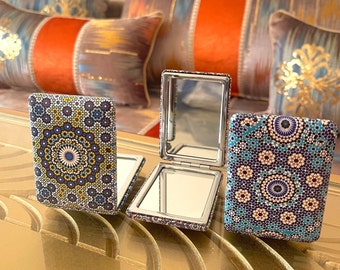 Miroir de poche | Cosmétiques pour femmes | Miroir de maquillage | Traditionnelle | Fait main | Cadeaux pour elle | Miroir à main | Motif persan marocain | Maquillage