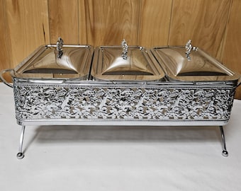 Vintage Fire King Triple Chafing Dish: Silver Plated MidCentury Loaf Pans 3- 1QT