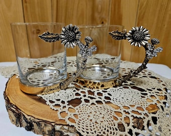 Set Of 2 Vintage Inspired Qualia Glass Mugs Rhinestone-Embellished Bee Sunflower