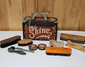 Vintage Wooden Shoe Shine Box & Accessories Brushes Polish