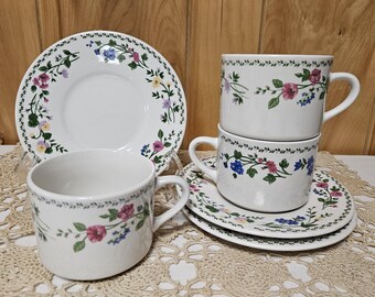 English Garden 225 Set of 3 Coffee Cups and Saucers Farberware Stoneware Floral