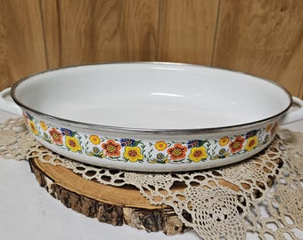 Vintage MCM 70s Enamelware Oval Roasting Pan Wild Flower Pattern 15" Casserole Ovenware Kitchen