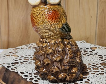 New Pier 1 Imports Ceramic Owl Figurine Perched Pinecone Glazed Fall Home Decor