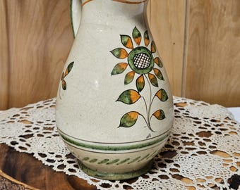 Vintage Italian Pottery Carafe Sunflower Pitcher Italy 7 1/2"