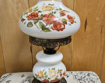 Vintage Electric Hurricane Table Lamp Milk Glass Red Yellow Roses French Cottage