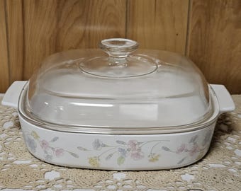 Corning Ware Pastel Bouquet A-10-B Casserole Dish With Pyrex A-12-C Lid Vintage Kitchen Dining Serving Entertaining Glass