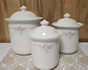 Pfaltzgraff Trousseau 3 Piece Canister Set W/ Lids Vintage USA Floral Stoneware