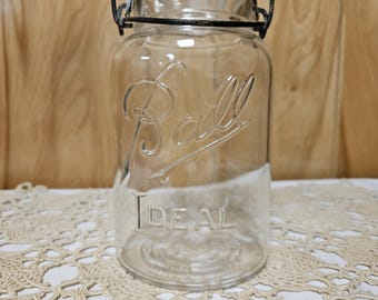 Ball Ideal Mason Jar Quart W/Wire Bale Glass Lid Vintage #9 No Seal Canning Kitchen Dining