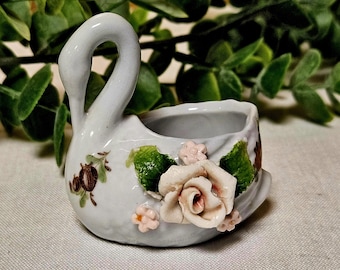 Vintage Ceramic Swan Dish Applied Flowers Germany White Floral  2” Miniature Toothpick Holder Collectible