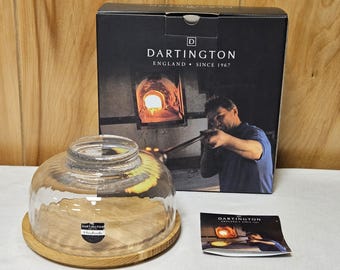 New Dartington Crystal Glass Cake Cheese Dome Wooden Plate Cloche