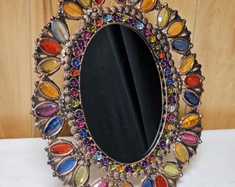 Pier 1 Imports Oval Jeweled Mirror Boho Bohemian 15" Wall Art Vanity Multicolor Beaded Beads