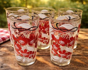 Vintage Set of 5 Tumblers Swanky Swings Phlox Dogwood Flowers Floral Drinking Glasses Beverage