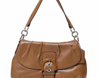 Coach F17217 Vintage Brown Camel Soho Y2K Leather Buckle Flap Pleated Bag Purse