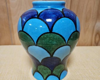 Vintage Italian Rosenthal Netter Vase Blue Turquoise Green Fish Scale 8" MCM