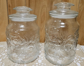 Vintage Set Of 2 Libbey Glass Orchard Embossed Fruit Clear Canisters W/Lids