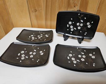 Kafuh, Cherry Blossum Black Sushi Plates - Set of Four - 7"×5"