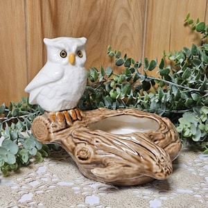 May include: A white ceramic owl figurine with yellow eyes and a yellow beak sits atop a brown, tree-trunk-shaped planter. The planter has a hollowed-out center and is decorated with wood grain details. The owl is perched on the edge of the planter.